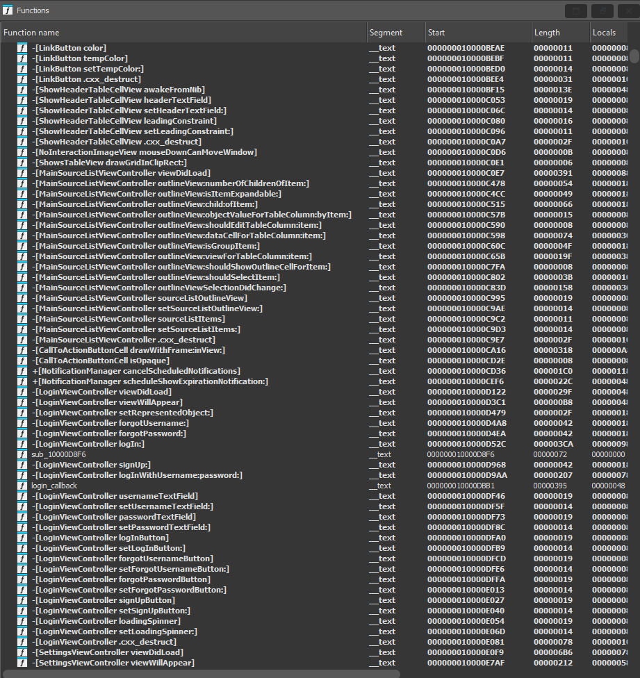 IDA function list